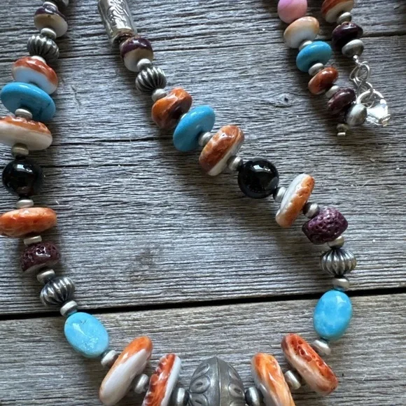 Southwestern 925 Sterling Silver Multi Gem Stone W Pearls Bead Necklace. 26 inch